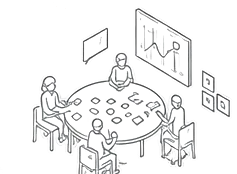 円卓を囲みカードを並べて議論する様子のイラスト